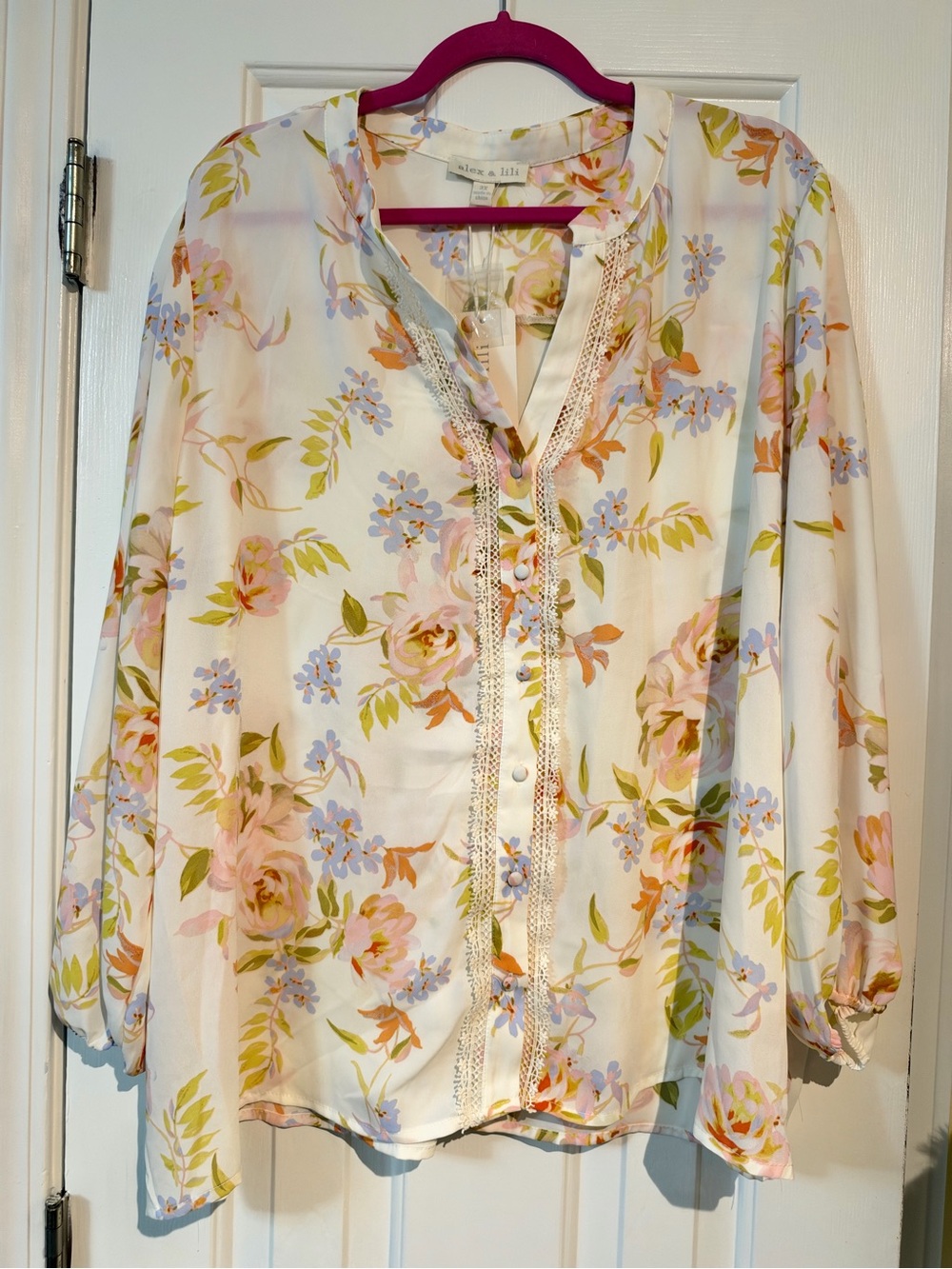 Alex + Lili Floral Lace-Trim V-Neck Blouse - White with Pastel Floral